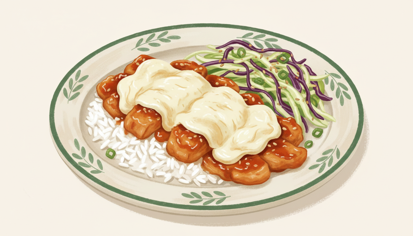 Illustration af koreansk kylling med smeltet mozzarella og kålsalat